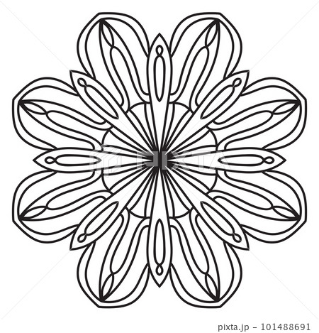 Black outline flower mandala. Doodle round decorative element for coloring book isolated on white background. Floral geometric circle. 101488691