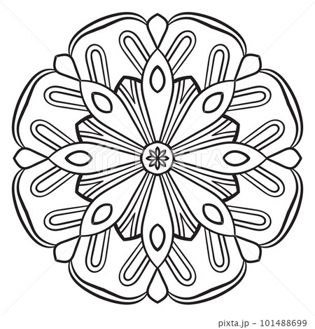 Black outline flower mandala. Doodle round decorative element for coloring book isolated on white background. Floral geometric circle. Black outline flower mandala. Doodle round decorative element for coloring book isolated on white background. Floral geometric circle. 101488699