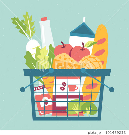 買い物かごに入った食品のイラスト（フラット） 101489238