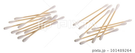 Cotton ear stick isolated on white background macro top view. Flat lay Cotton ear stick isolated on white background macro top view. Flat lay 101489264