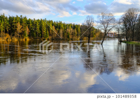 Early spring in Valmiera. Gauja river flooded. Nature in Europe early spring. The river has overflowed its banks. Early spring in Valmiera. Gauja river flooded. Nature in Europe early spring. The river has overflowed its banks. 101489358