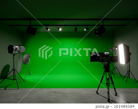 green screen photo studio with lighting and movie camera. 3D rendering 101489384