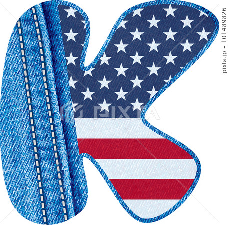Letter K with the texture of blue denim fabric and US flag - The Monogram K with jean fabric and American flag- Jean fabric alphabet A to Z	 101489826