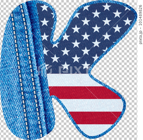 Letter K with the texture of blue denim fabric and US flag - The Monogram K with jean fabric and American flag- Jean fabric alphabet A to Z	 101489826