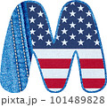 Letter M with the texture of blue denim fabric and US flag - The Monogram M with jean fabric and American flag- Jean fabric alphabet A to Z	 101489828