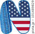 The Letter N with the texture of blue denim fabric and US flag - The initial N with jean fabric and American flag- jean fabric alphabet A to Z	 101489829