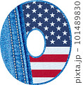 The Letter O with the texture of blue denim fabric and US flag - The initial O with jean fabric and American flag- Jean fabric alphabet A to Z	 101489830
