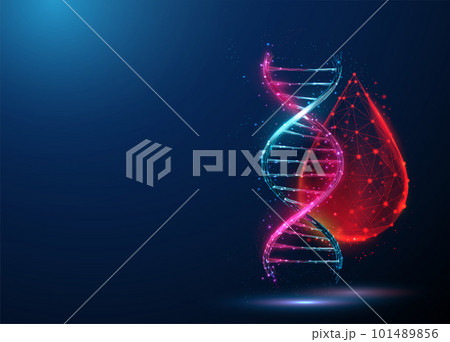 Abstract blue and purple 3d DNA molecule helix and drop of blood Abstract blue and purple 3d DNA molecule helix and drop of blood 101489856