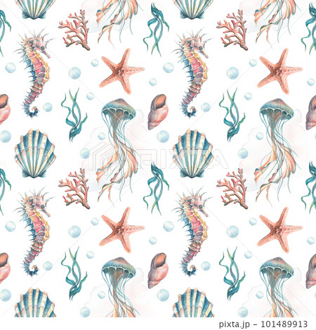 Marine seamless pattern with seahorses, jellyfish, bubbles, seashells, algae, starfish and corals. Watercolor illustration, hand drawn. For fabric, textile, wallpaper, paper, packaging wrapping paper Marine seamless pattern with seahorses, jellyfish, bubbles, seashells, algae, starfish and corals. Watercolor illustration, hand drawn. For fabric, textile, wallpaper, paper, packaging wrapping paper 101489913