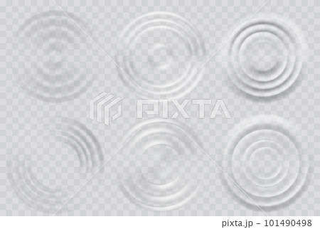 Water ripple effect top view set. Realistic caustic drop or sound wave splash effects, concentric circles in puddle. Vector set round wave surfaces on transparent background Water ripple effect top view set. Realistic caustic drop or sound wave splash effects, concentric circles in puddle. Vector set round wave surfaces on transparent background 101490498