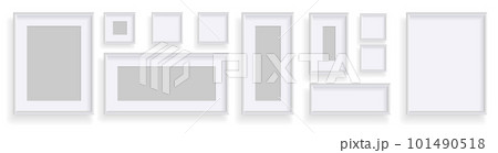 Photo frames isolated on white, rectangular frames mockup. Set of empty framing for presentations. Photo or picture painting frame, for art gallery interior. Vector template 101490518