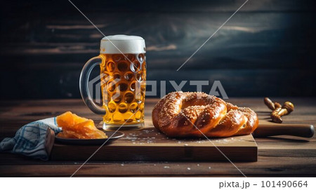 Bavarian food with beer on a wooden table. Generative AI 101490664