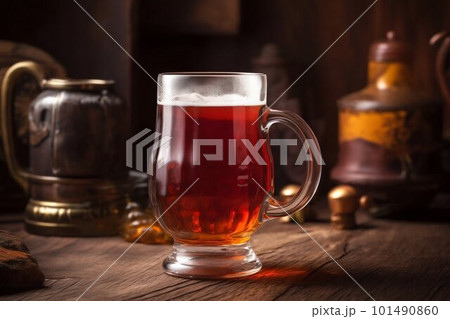 Amber beer ale in glass mug in tavern pub. Generative AI 101490860