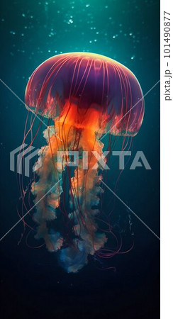 Glowing jellyfish under water. Generative AI Glowing jellyfish under water. Generative AI 101490877