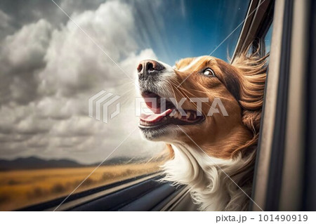 Dog hanging out of the window in driving car. Generative AI 101490919