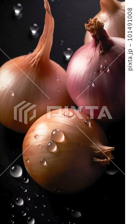 Onion seamless background with water drops, top view, flat lay. Generative AI Onion seamless background with water drops, top view, flat lay. Generative AI 101491008