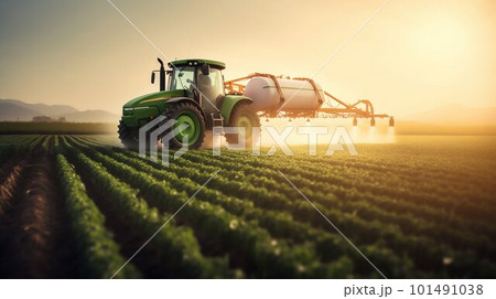 Tractor Spraying Pesticides on Green Soybean Plantation at Sunset. Generative AI 101491038