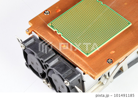 CPU on heat sink, computer processor cooler, radiator, equipment cooler with the aluminum fin structure isolate on white background 101491185