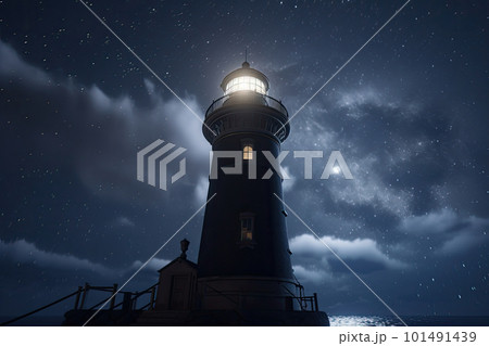 Lighthouse in sea at starry night. Navigation for ships. Generative AI 101491439