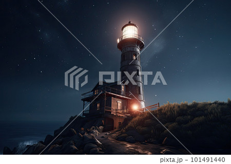 Lighthouse in sea at starry night. Navigation for ships. Generative AI 101491440