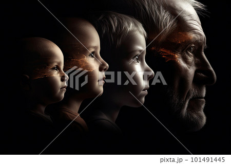 Different generations of family stand together against dark abstract background. Generative AI 101491445