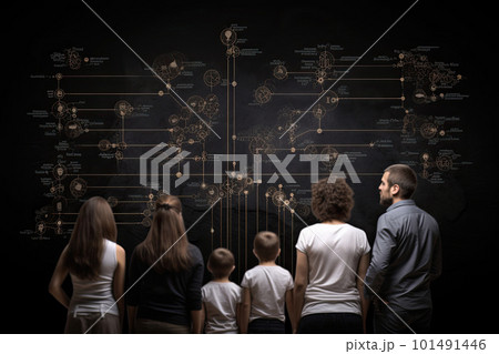 Different generations of family stand together against dark abstract background. Generative AI 101491446
