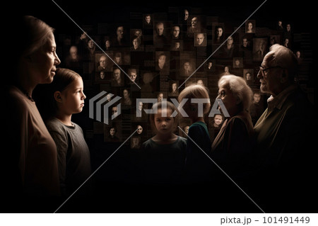 Different generations of family stand together against dark abstract background. Generative AI 101491449