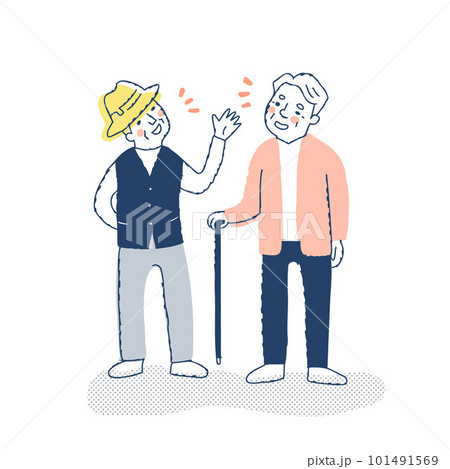 楽しそうに立ち話をしているシニア男性2人 101491569