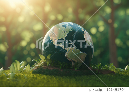 A glass globe atop a bed of vibrant green moss, symbolizing the interconnectivity of all living things and the need for conservation. AI Generative A glass globe atop a bed of vibrant green moss, symbolizing the interconnectivity of all living things and the need for conservation. AI Generative 101491704