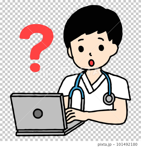 A man who is a nurse working on a computer has doubts A man who is a nurse working on a computer has doubts 101492180