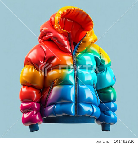 Glossy colorful puffer jacket. Generative AI Glossy colorful puffer jacket. Generative AI 101492820