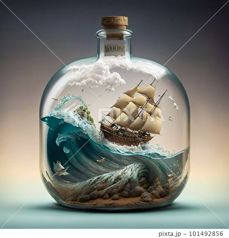 Ship in a bottle floating on an enormous wave. Generative AI 101492856