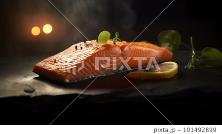 Salmon steak close up. Generative AI Salmon steak close up. Generative AI 101492899