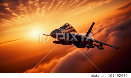 Airplane fighter in the sunset sky. Generative AI 101492935
