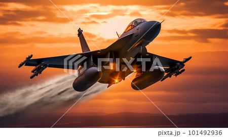 Airplane fighter in the sunset sky. Generative AI 101492936