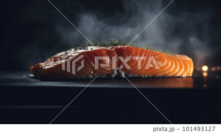 Salmon steak close up. Generative AI Salmon steak close up. Generative AI 101493127