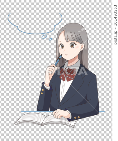 Illustration of a female student who is confused while studying, with a speech bubble Illustration of a female student who is confused while studying, with a speech bubble 101493553