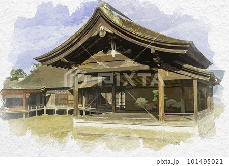 水彩画風　宮島　厳島神社　能舞台　広島県廿日市市 101495021