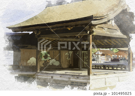 水彩画風　宮島　厳島神社　能舞台　広島県廿日市市 101495025