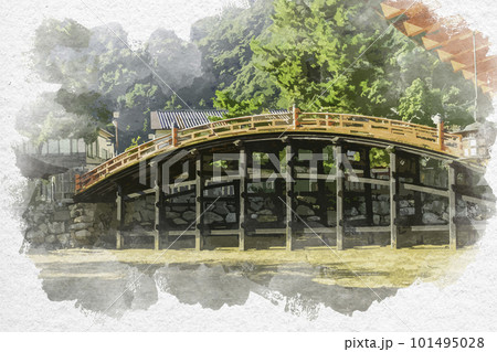 水彩画風　宮島　厳島神社　反橋　広島県廿日市市 101495028