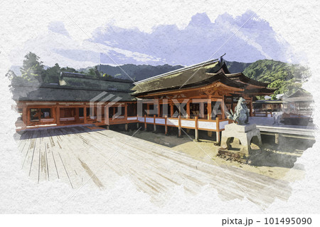 水彩画風　宮島　厳島神社　祓殿　広島県廿日市市 101495090