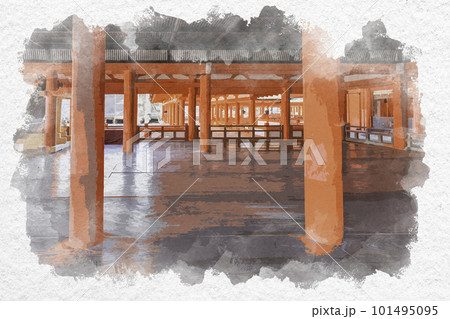 水彩画風　宮島　厳島神社　祓殿　広島県廿日市市 101495095
