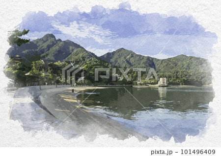 水彩画風　宮島　御笠浜　広島県廿日市市 101496409