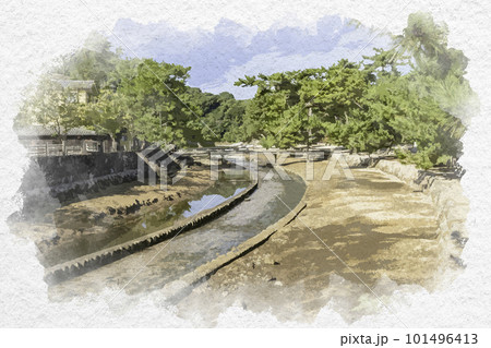 水彩画風　宮島　御手洗川　広島県廿日市市 101496413