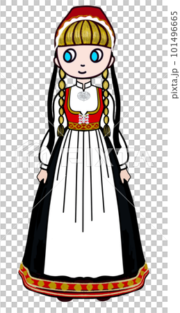 ノルウェーの民族衣装を着た女の子のイラスト、北欧の伝統的な民族衣装