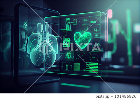 Scientific medical hologram. Close up of medical hologram workplace with tablet, supplies, stethoscope, glowing blue medical interface. Healthcare, technology, medicine and innovation concept. 101496926