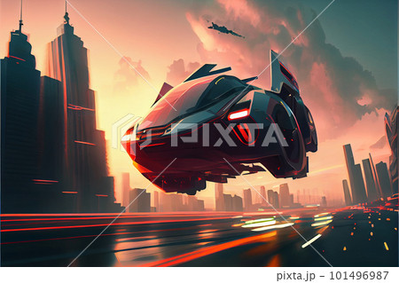 flying car traffic in the futuristic world, digital art style 101496987