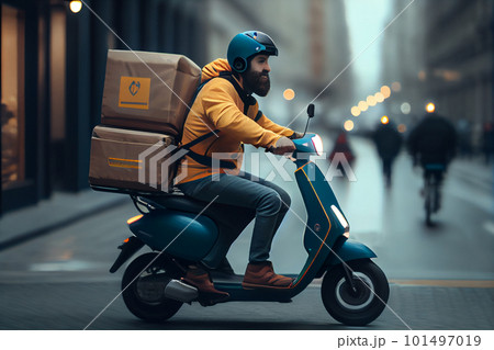 Fast and free delivery food by scooter in the afternoon in the city  101497019