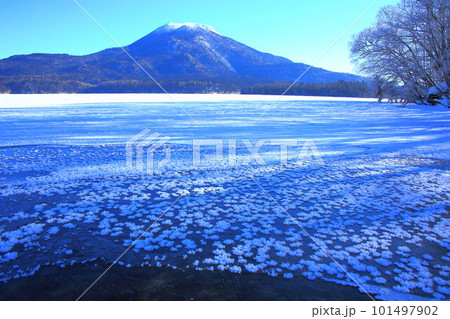 阿寒湖のフロストフラワーと雄阿寒岳 101497902