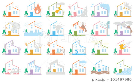 火災保険などの補償内容に使いやすいトラブルや自然災害に遭うシンプルな家のアイコンセット(カラー) 火災保険などの補償内容に使いやすいトラブルや自然災害に遭うシンプルな家のアイコンセット(カラー) 101497990